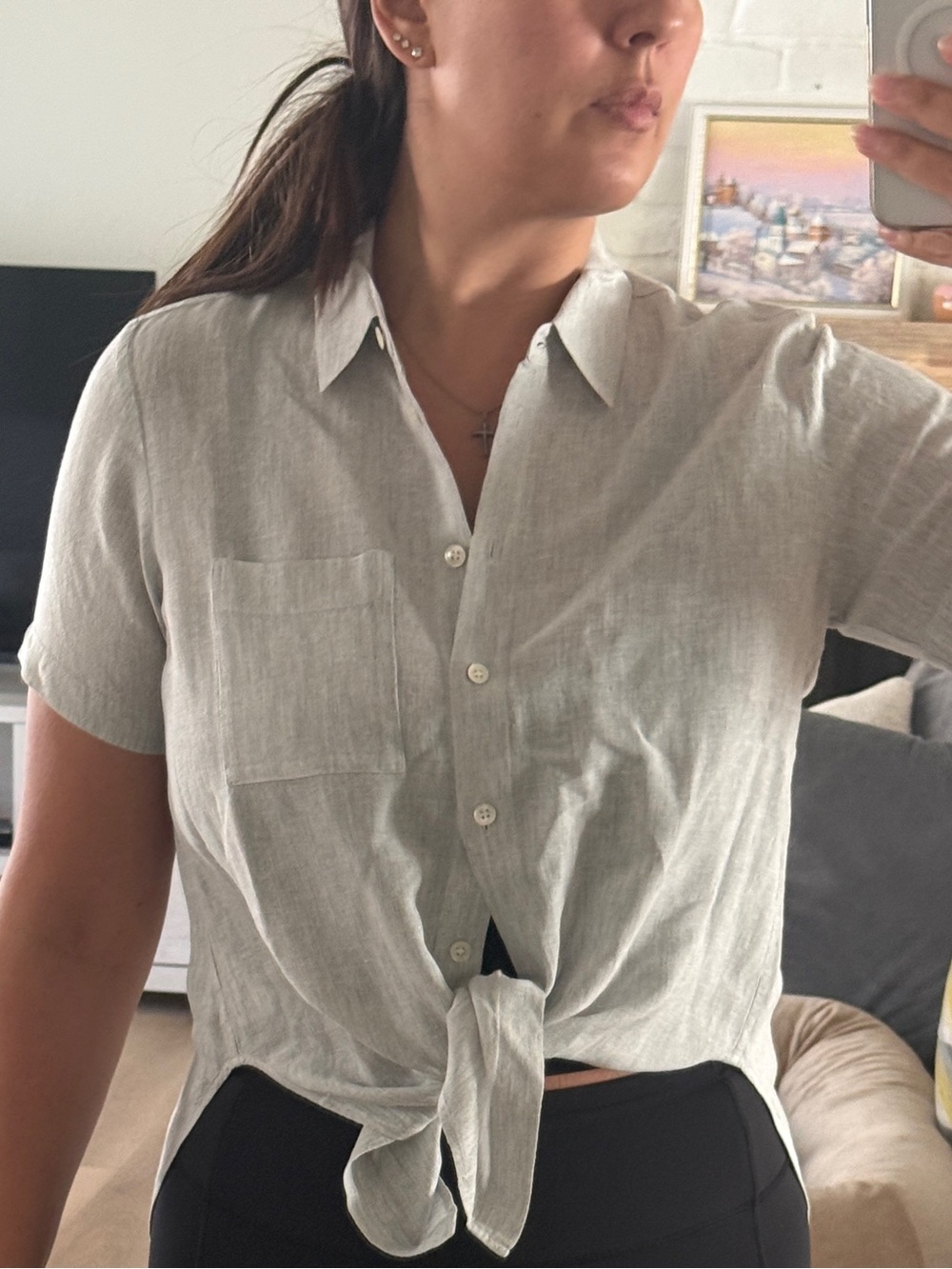 Theory Light Gray Short-Sleeve Button-Front Tie Shirt Linen Blend